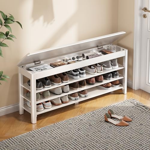 IUNVR Shoe Rack Bench Seat Rubberwood 3-Tier Wooden Storage Bench 550lbs Compact Mid-Century Modern Design for Entryway, Hallway, Closet, Front Door Entrance, Foyer - color: White-3 Tier(wood), size: 47.2"W x 11.8"D x 20.5"H