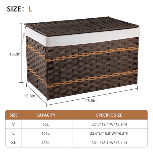 OIAHOMY Storage Basket with Lid, 27.7 Gallon (105L) Blanket Basket with Removable Liner Bag, Synthetic Wicker Hamper with Handle, Hamper for Living Room, Brown - color: Brown, size: 105L