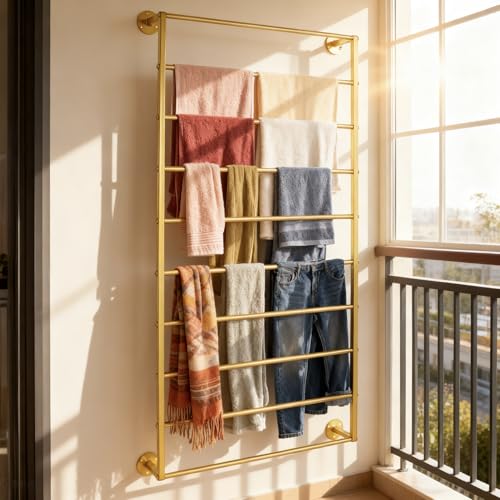 10-Layer Wall Mounted Display Rack, Tie & Scarf Rack Belt Towel Holder Wrapping Paper Ribbon Organizer Metal Shelving Scarves Belts Necktie Hijab Stand for Home, Retail Stores, Flower Shop - color: Gold, size: L: 23.6 in, H: 47.2 in