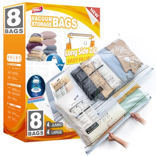 TAILI 8 Pack Vacuum Storage Bags, LONG SIDE ZIP (4 Large+4 Jumbo), Multi-Size Vacuum Seal Bags for Clothing, Storage Bulky Beddings, Blankets and Clothes, Space Saver for Closet Organization - size: 8 Combo
