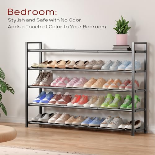 Bumusty 5-Tier Long Expandable Shoe Rack for Closet, 18"-44" Adjustable Shoe Rack for Entryway, 25-30 Pairs Large Shoe Organizer Shelf Storage, Sturdy Metal, Grey - color: Grey, size: 5-Tier