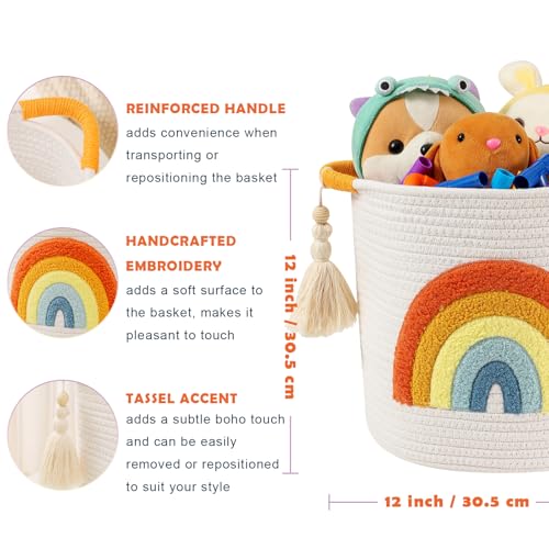 INough Toy Storage Baskets Woven Cotton Rope Storage Basket Kids Blanket Baskets for Living Room, Toys Organizer with Embroidery Colorful Rainbow Decor, Baby Basket for Laundry Nursery (Boho Rainbow) - color: Rainbow O, size: Medium