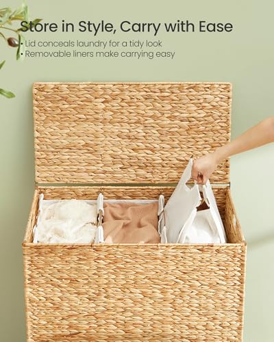 SONGMICS Laundry Hamper 3 Sections, 47.5 Gal. (180 L) Handwoven Water Hyacinth Wicker Laundry Basket with Lid, Natural Material, Removable Machine Washable Liners, Handles, Natural ULCB203Y01 - color: Natural, size: 180 L (Handwoven )