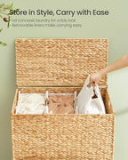 SONGMICS Laundry Hamper 3 Sections, 47.5 Gal. (180 L) Handwoven Water Hyacinth Wicker Laundry Basket with Lid, Natural Material, Removable Machine Washable Liners, Handles, Natural ULCB203Y01 - color: Natural, size: 180 L (Handwoven )