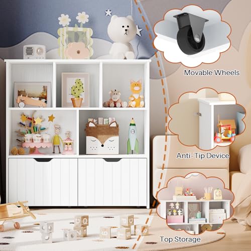 HOOBRO Toy Storage Organizer, Toy Organizers and Storage with 2 Movable Drawers and 5 Cubbies, Toy Chest Shelf for Books or Dolls, Kids Bookshelf and Toy Storage for Playroom, White WT88CW01