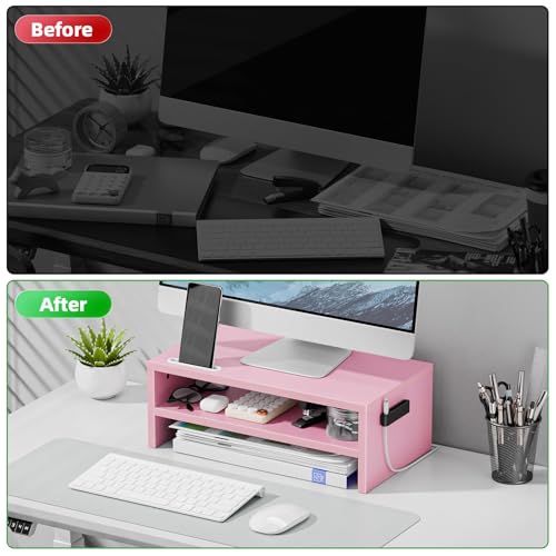 Marbrasse Monitor Stand Riser, 16.5 Inch 2 Tier Computer Printer Shelf Stand for Laptop Computer Screen Storage, Desktop Stand with Phone Holder and Cable Management (Pink) - color: Pink