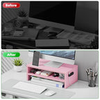 Marbrasse Monitor Stand Riser, 16.5 Inch 2 Tier Computer Printer Shelf Stand for Laptop Computer Screen Storage, Desktop Stand with Phone Holder and Cable Management (Pink) - color: Pink