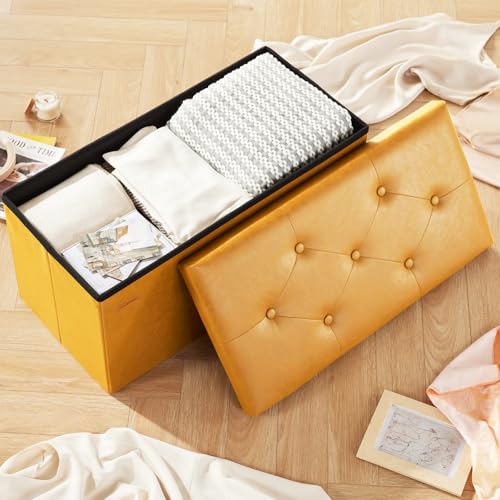 HAUSFRAU - Storage Ottoman Bench, 30 Inches Button Tufted Upholstered Ottoman Footstool with Storage for Living Room Bedroom Entryway, Load 660 lb, Synthetic Leather, Gold Brown - color: Gold Brown, size: 15"D x 30"W x 15"H