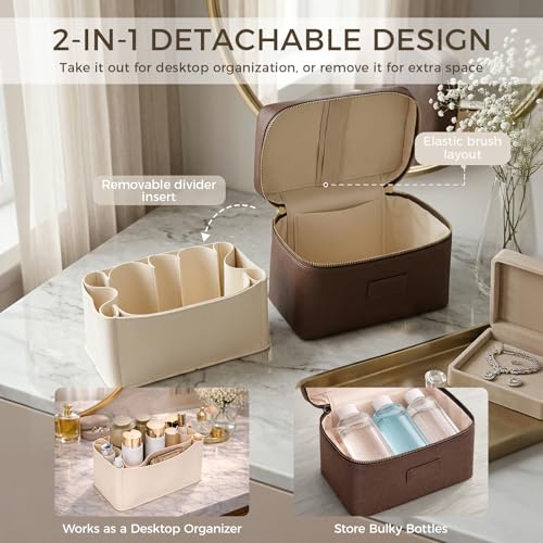Makeup Bag Vanity Case for Women – Portable Cosmetic Bag Makeup Bag Organizer Travel Toiletry Bag with Removable Divider - color: Dark Brown