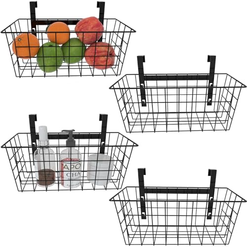 MaraFansie Basket with Hook, Grid Storage Basket, Over the Cabinet Door Organizer, Wire Hanging Basket with Hook Over the Railing, Under Sink Kitchen Cabinet, Pantry, Bathroom, Black, 4 Pack - color: Black, size: 4 PACK