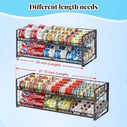 2-Tier Stackable Can Rack Organizer for Pantry Shelf, Long-Size Adjustable Can Holder for Kitchen Organization,Heavy Duty Can Dispenser for Canned Food Soup Goods up to 50 in Cabinet storage, Black - style: Length(25''W)-1 Pack