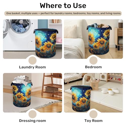Starry Sky Sunflower Laundry Basket - Heavy Duty 60L Dirty Clothes Organizer, Water Resistant Foldable Hamper for Men Women - color: Starry Sky Sunflower