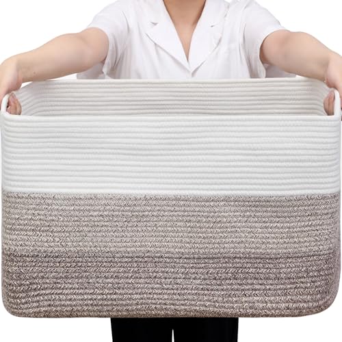 Optish 95L Blanket Basket, Large Woven Baskets for Storage, Blanket Storage for Living Room, Rope Basket with Handles for Bedroom, Nursery, Toys, Clothes, 24” x 17” x 13.5”, White & Brown - color: White & Mix Brown, size: 24" x 17" x 13.5"(95L)