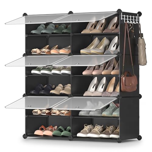 SONGMICS Shoe Rack Organizer, 6-Tier Shoe Storage Cabinet for Closet and Entryway, Holds 24 Pairs of Shoes, Adjustable, Ink Black and Trasparent ULPC033B01 - color: Ink Black + Trasparent, size: 6 Cubes