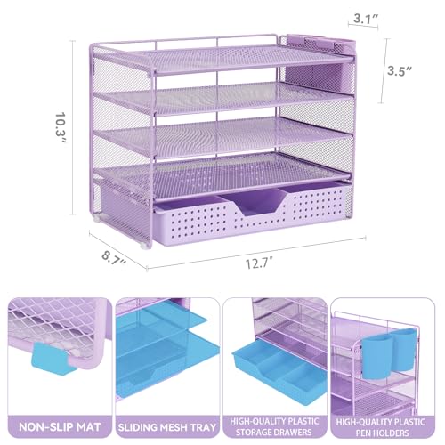 LEKETREE Desk Organizers and Accessories, 5-Tier Paper Letter Tray Organizer with Drawer & 2 Pen Holders, Desktop Organizer for Office Supplies (Purple) - color: Purple, size: 12" x 8" x 10"