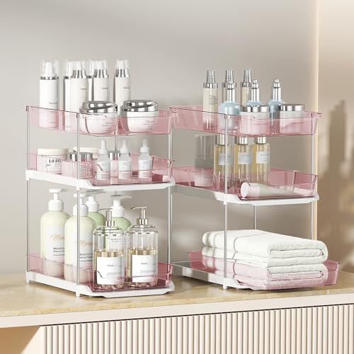 Delamu 2 Pack 3-Tier Bathroom Under Sink Organizers and Storage, Multi-Purpose Stackable Pantry Organization and Storage, Pull Out Clear Kitchen Bathroom Cabinet Organizer with Movable Dividers, Pink - color: Pink, size: 2 Pack 3-Tier