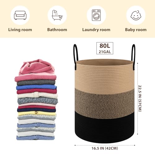 OIAHOMY Large Laundry Basket Hamper - 80L Cotton Rope Woven Basket for Blankets, Toys, Clothes - Tall Decorative Nursery Hamper with Long Handles, Yellow/Black - color: Yellow/Black, size: 80L