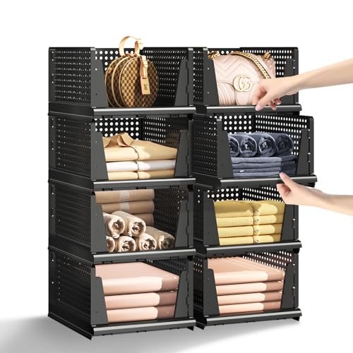 Folding Closet Organizer and Storage for Shelves, 5 Pack Stackable Plastic Storage Basket for Closet, Top Bottom of Closet Organizer, Drawers Organizer for RV, Camper, Pants, Clothes, Office - color: Black