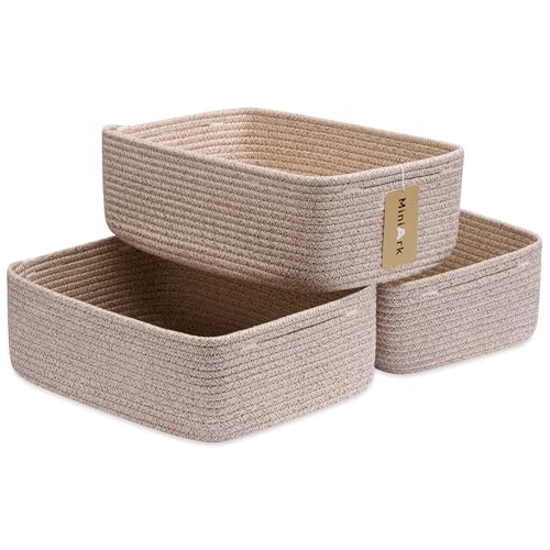 MiniArk Large Shallow Organizing Baskets 15x11x5.1 Inches - Rope Woven Storage Bins for Bathroom, Shelves, Cube Closet, Mixed Brown 3 Packs - color: Natural, size: 3pcs-L15×W11×H5.1"