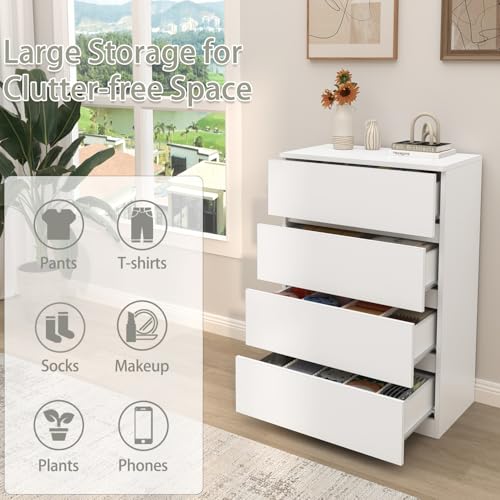 4 Drawer Dresser for Bedroom Closet, Tall Wood Chest of Drawers, Modern White Nightstand for Clothes, Small Dressers with Smooth Drawers, Space-Saving Storage - color: White, size: 13.4"D x 23.6"W x 34.5"H (4 Drawers)