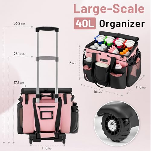 Large Cleaning Caddy for Cleaning Supplies Organizer, Rolling Cleaning Caddy Bags with Wheels for Housekeepers, Cleaning Carts on Wheels for Home Car Office Picnic - color: Black-pink