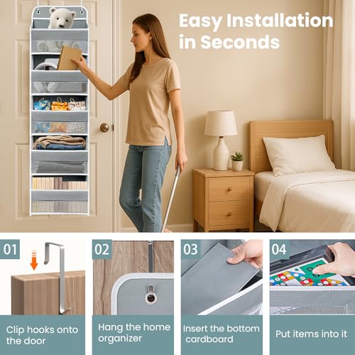 Sturdiness Over The Door Organizer, 5 Shelves & 8 Side Pockets,Anti Tilt Hanging Behind Door Storage, Heavy-Duty Reinforced Mesh Rack Holds 44lb for Bathroom,Pantry, Nursery,Closet, Shoes, Towels - color: Grey, size: 5 shelf