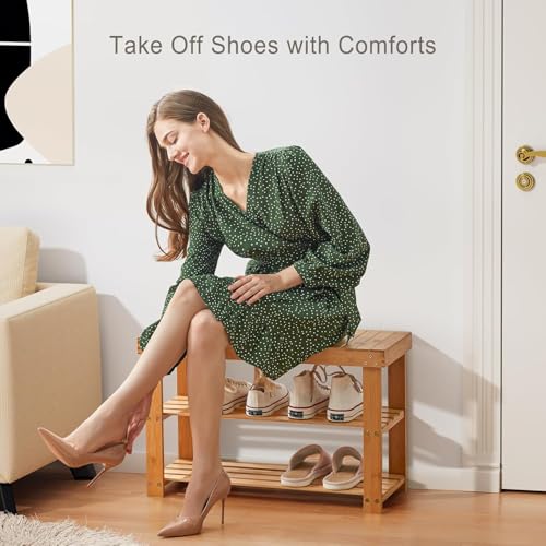 Pipishell 3 Tier Bamboo Shoe Rack Bench - Sturdy Shoe Organizer Holds up to 300lbs for Entryway, Bedroom, Living Room, Balcony - color: Bamboo