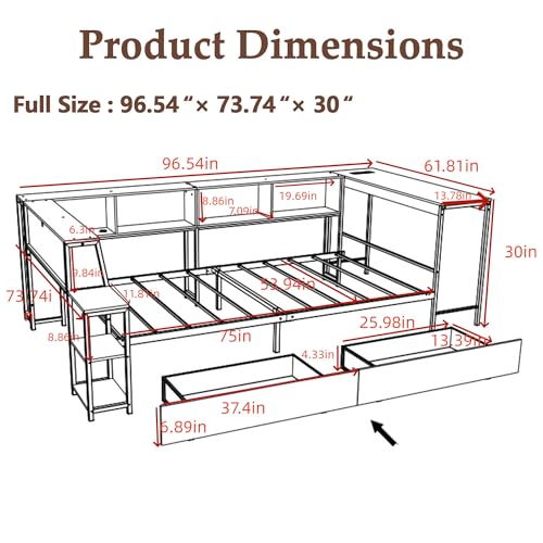 HRVEOCEI Corner Bed Frame Full with Storage Bookshelf & Desk, U-Shaped Daybed Frame with 2 Drawers, Metal Corner Beds with Charging Station & LED Lights for Bedroom, Flip Left or Right (White, Full) - color: White, size: Full