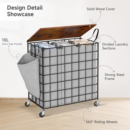 Laundry Basket with Wheels, Heavy Duty Laundry Sorter 3 Sections, 140L (37Gal.) Large Capacity Laundry Hamper with Wood Lid, 360 Rolling Wheels, Extra Side Pocket, Leather Pull Handle (Grey) - color: Grey, size: 140L