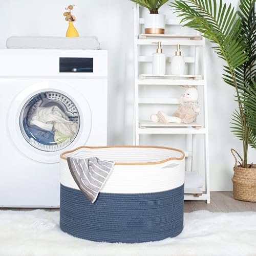 MINTWOOD Design Extra Large 22 x 14 Inches Decorative Woven Cotton Rope Blanket Storage Basket Bin Living Room and Laundry Hamper for Pillows, Pool Towels, Dog Toys, Shoes, Prussian Blue - color: Prussian Blue