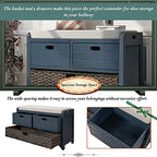 Fully Assembled Storage Bench - Solid Acacia Wood Shoe Organizer with 2 Drawers & Removable Rattan Basket, Rustic Hallway Seating (Navy) - color: Navy