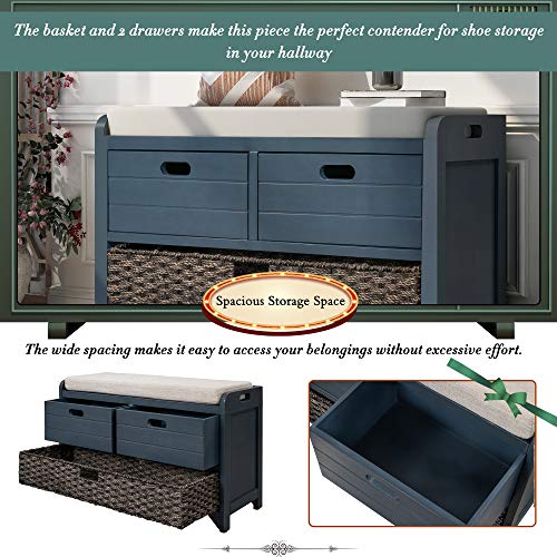 Fully Assembled Storage Bench - Solid Acacia Wood Shoe Organizer with 2 Drawers & Removable Rattan Basket, Rustic Hallway Seating (Navy) - color: Navy