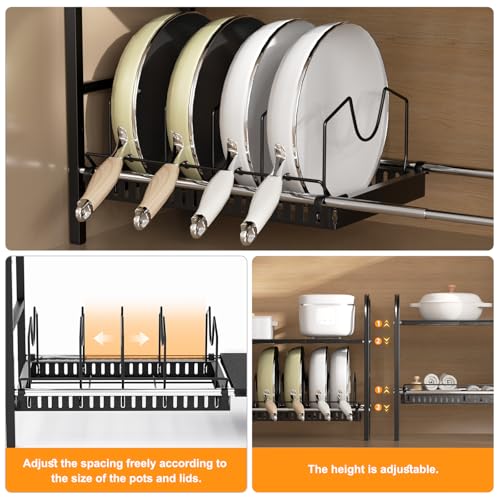 Under Sink Organizer 2 Tier Kitchen Storage Rack, Expandable Pot and Pan Organizer with Adjustable Height & 4 Dividers, Removable Kitchen Shelf for Cabinet, Countertop(4panels,1 Pot rack, Black)