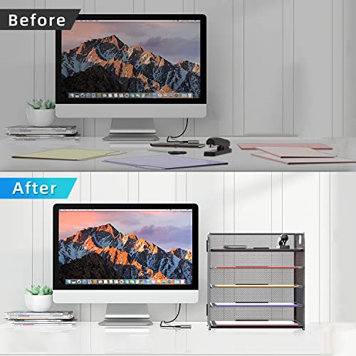 Supeasy 5 Trays Paper Organizer Letter Tray with Handle-Mesh Desk File Organizer, Grey Paper Sorter Desk Organizer for Office, Home or School - color: Softgray