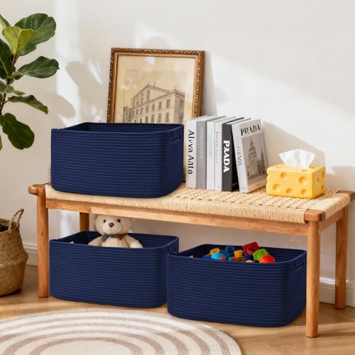 2 Pack Large Storage Basket for Organizing, 17.5"x13"x7" Woven Basket for Shelves, Closet Cube Storage Bins with Wrapped Handle, Cotton Rope Baskets for Kitchen, Clothes, Toys(Navy Blue) - color: Navy Blue, size: 2 Pack