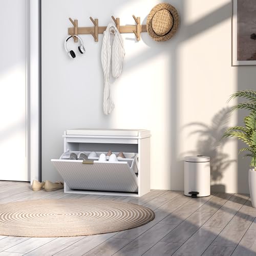 HOMCOM Narrow Shoe Bench with Padded Cushion, Shoe Cabinet with Flip-Drawer and Adjustable Shelf, Small Entryway Bench Holds up to 265lb, 24.4x10.2x18.7 Inches, White - color: White, size: 24.4" x 10.2" x 18.7"