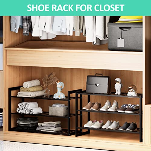 Jripae Bamboo Shoe Rack for Entryway, Stackable 3 Tier Shoe Organizer Shelf Storage 9-12 Pairs Shoes Stand Cubby for Closet Door Hallway Bedroom Garage Black, Thanksgiving - size: 3-tier-short/27.5*10.5*17in