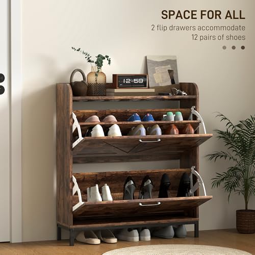HOMCOM Shoe Storage Cabinet with 2 Flip Drawers, Legs, Farmhouse Freestanding Narrow Shoe Cabinet, Slim Hidden Rack Organizer for Entryway, Hallway, Rustic Brown Wood Grain - color: Rustic Brown