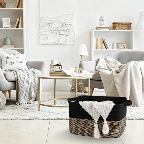 OIAHOMY Woven Storage Basket for Shelves, Rectangle Cotton Rope Baskets for Organizing, 16 x 12 x 10 in, Storage Bins for Dog Toys,Towel,Books,Gift,Black and Brown - color: Black and Brown, size: 16"x12"x10"