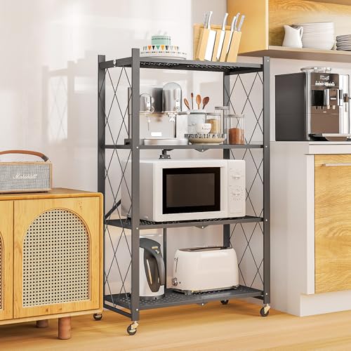 Fenbeli 4-Tier Folding Metal Storage Shelf with Wheels, No Assembly Organizer Rack, Heavy Duty Collapsible Shelving Unit for Garage, Kitchen, Basement, Pantry, Living Room(New Upgrade - Gray, 4 Tier)