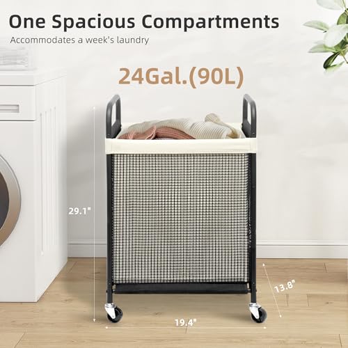 STORAGE MANIAC Rolling Laundry Hamper with Wheels 1-Section Laundry Sorter Rolling Laundrys Basket on Wheels with Removable Bag Clothes Hamper Laundrys Organizer Cart Bathroom Bedroom 90L Beige - color: Beige, size: 1-Section