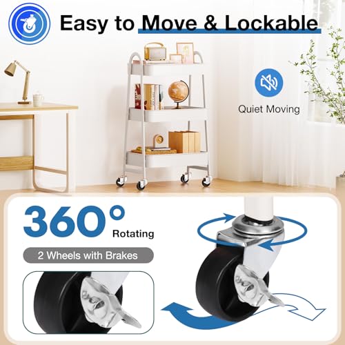 OLIXIS Metal 3 Tiers Utility Rolling Cart, Mobile Storage Shelf with Lockable Caster Wheels, Organization for Livingroom, Bathroom & Narrow Places, White - color: 3-tiered White, size: 3-Tiered 17 inches