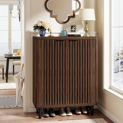 Tribesigns 6-Tier Shoe Cabinet with Shutter Doors, Large Wooden Shoe Organizer Rack with Adjustable Shelves, Modern Farmhouse Hidden Storage Furniture for Entryway, Hallway (Dark Walnut) - color: Dark Walnut