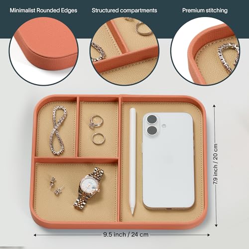 Nordik Leather Valet Tray - Coral Blush Pink - 9.5 x 7.9 Inch Medium Vegan Leather Tray - Stylish Nightstand Organizer for Men - Modern Bedside Caddy - EDC Catchall for Key Watch Wallet Jewellery - color: Coral Blush, size: 9.5in x 7.9in