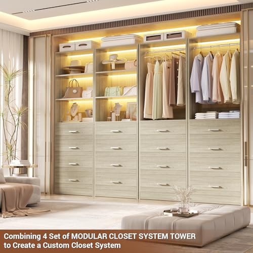 Aheaplus Closet Drawers Organizer System, 21.3" Wood Closet System with 4 Drawers, Modular Walk-in Closets Storage Unit, Tall Bookshelf Storage Cabinet, White Oak - color: White Oak