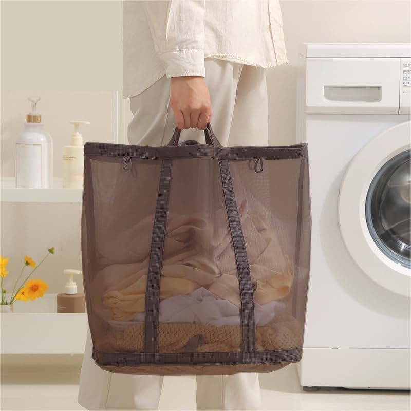 Mesh Bag with Handles, Collapsible Laundry Basket, Foldable Laundry Bag, Breathable Folding Beach Bag,Space-saving Travel Tote Bags (1, Brown) - color: Brown