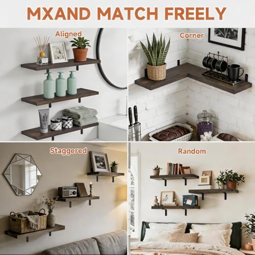 LifetimeWarranty Easy Install Wall Shelves with Brackets,15.7 Inch Wall Mounted Wood Floating Wall Shelf, Small Wall Shelf for Storage&Home Decor, Living Room,Kitchen,Office,Book Corner Shelf,Set of 3 - color: Brown L-bracket