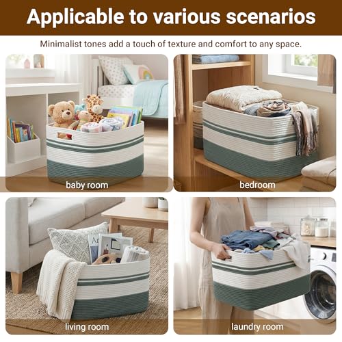 75L Large Blanket Basket, 22"x17"x12"Rectangle Cotton Rope Woven Storage Basket with Handles, Laundry Hamper for Living Room, Nursery, Bedroom - Chemical-Free, Kid & Pet Safe - Sage Green - color: Sage Green/White