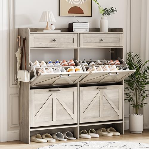 Shoe Cabinet with 4 Flip Drawers & 2 Top Drawers, 43" Tall Freestanding Narrow Wooden Shoe Storage Organizer for Entryway, Hidden Slim Shoe Rack for Front Door Entrance, Hallway, Living Room, Grey - color: Grey, size: 4 Flip Drawers