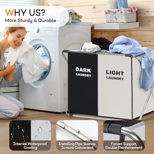 Laundry Cloth Hamper Sorter Basket Bin Foldable 2 Sections with stainless steel Frame Washing Storage Dirty Clothes Bag for Bathroom Bedroom Home Storage Basket (Black+white, 2 Sections) - color: Black+white, size: 2 Sections